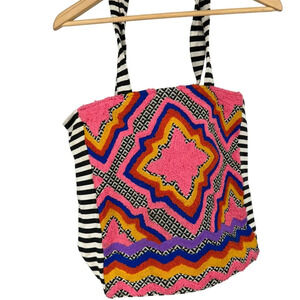 Large boho tote beach bag.  Canvas stripes and bright pattern